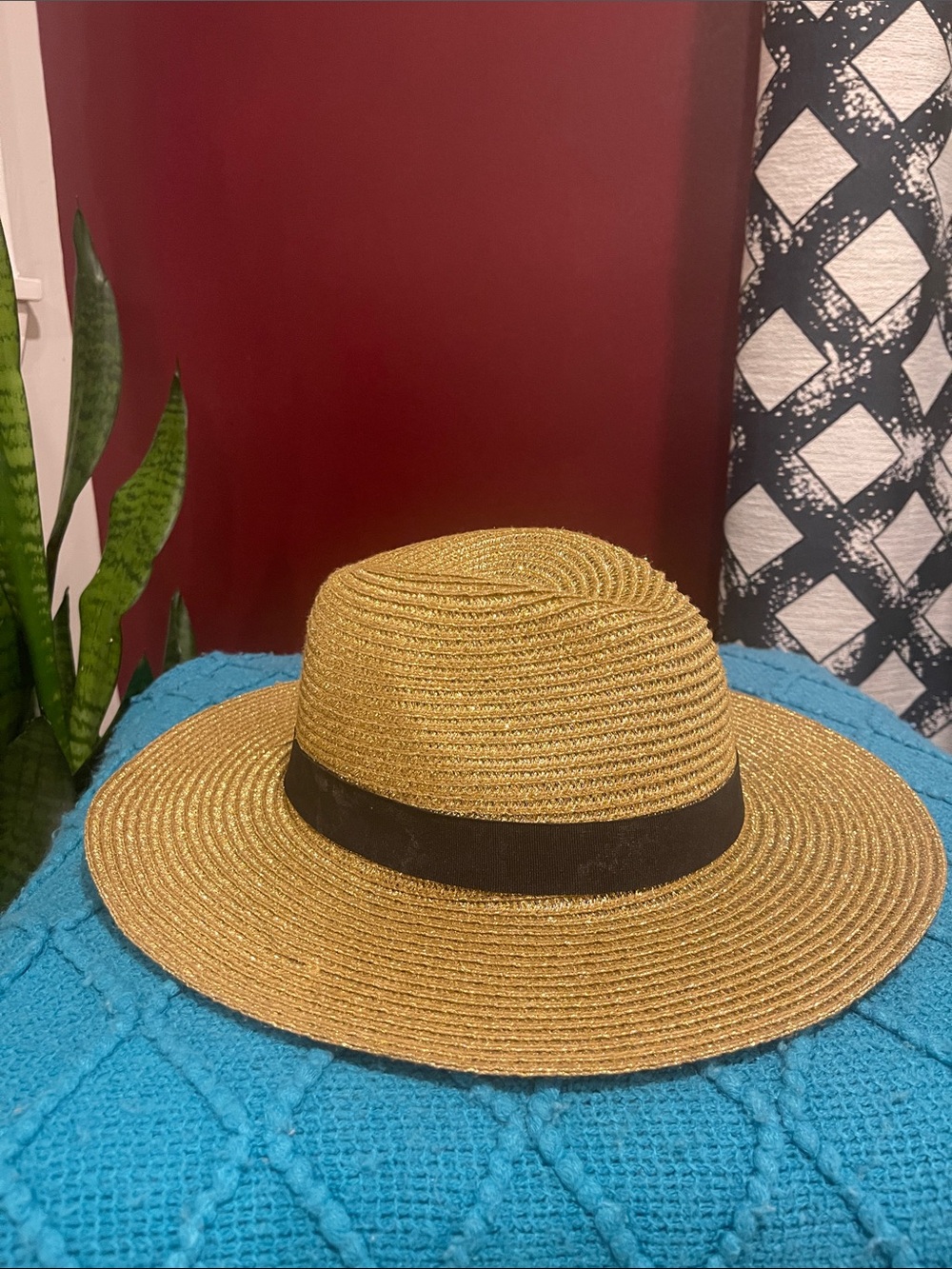 Straw Wide-Brim Fedora Hat with Black Band - Tan - Picture 3 of 9